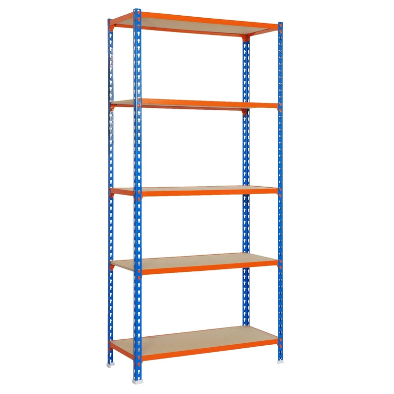 Simon Rack Garage Shelving Unit 1800x800x300 mm, 5 Tier Metal Rack with 16 mm MDF Shelves, 150 kg per Shelf, Blue/Orange/Wood – Maderclick