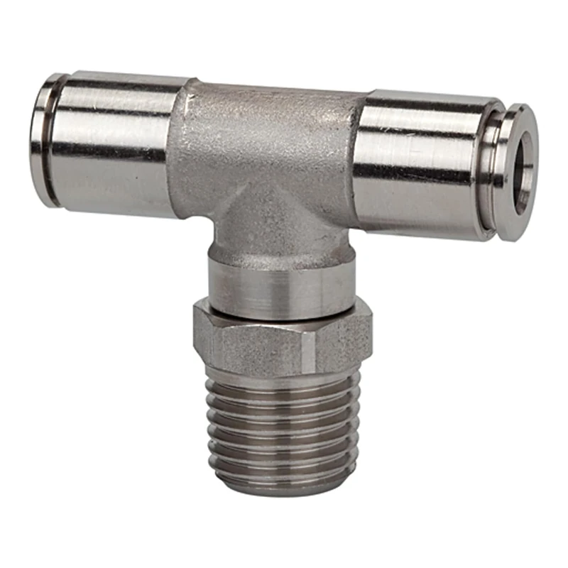 T-plug fitting, rotatable, R 1/4 a., for hose outside diameter 10 mm, working pressure max. 15 bar, stainless steel 1.4404