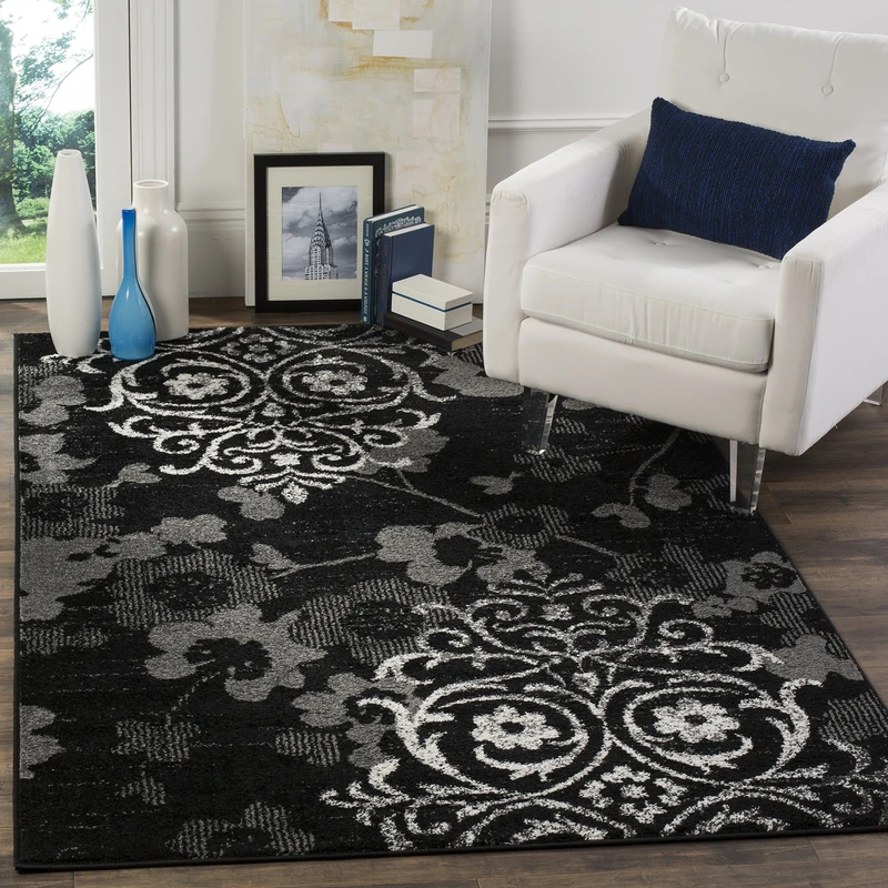 Safavieh Floral Glam Damask Indoor Woven Rectangle Area Rug, Adirondack Collection, ADR114, in Black / Silver, 122 X 183 cm for Living Room, Bedroom or Any Indoor Space