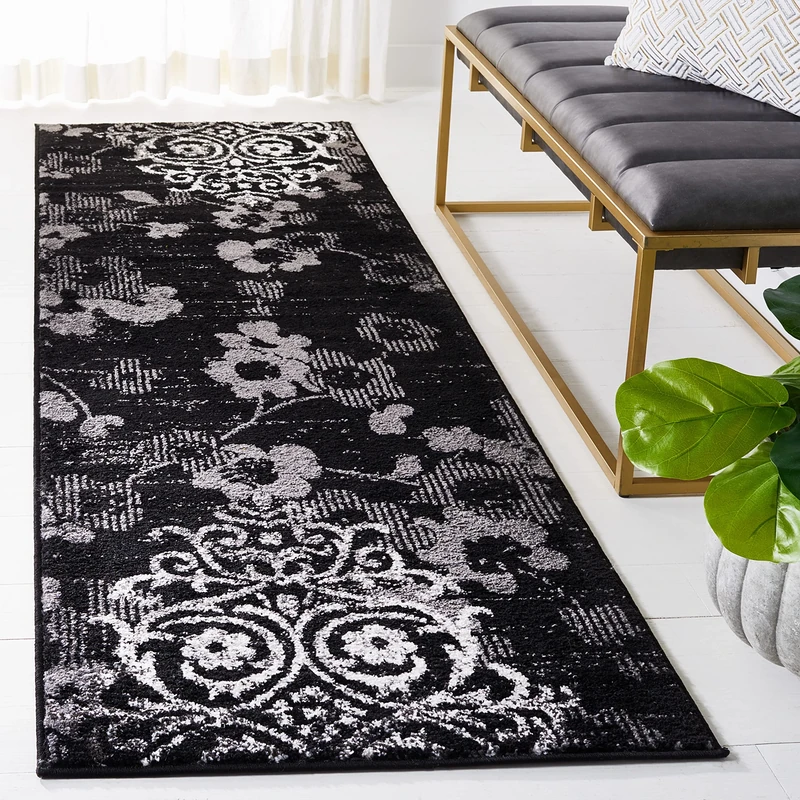 Safavieh Floral Glam Damask Indoor Woven Runner Area Rug, Adirondack Collection, ADR114, in Black / Silver, 76 X 244 cm for Living Room, Bedroom or Any Indoor Space