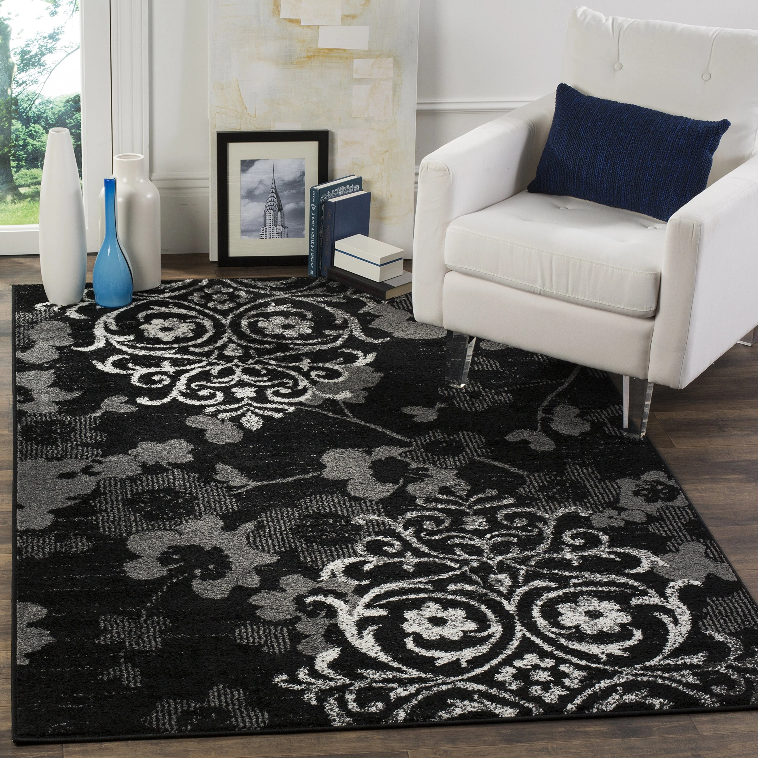 SAFAVIEH Adirondack Collection 6' x 9' Black/Silver ADR114A Floral Glam Damask Distressed Non-Shedding Living Room Bedroom Dining Home Office Area Rug