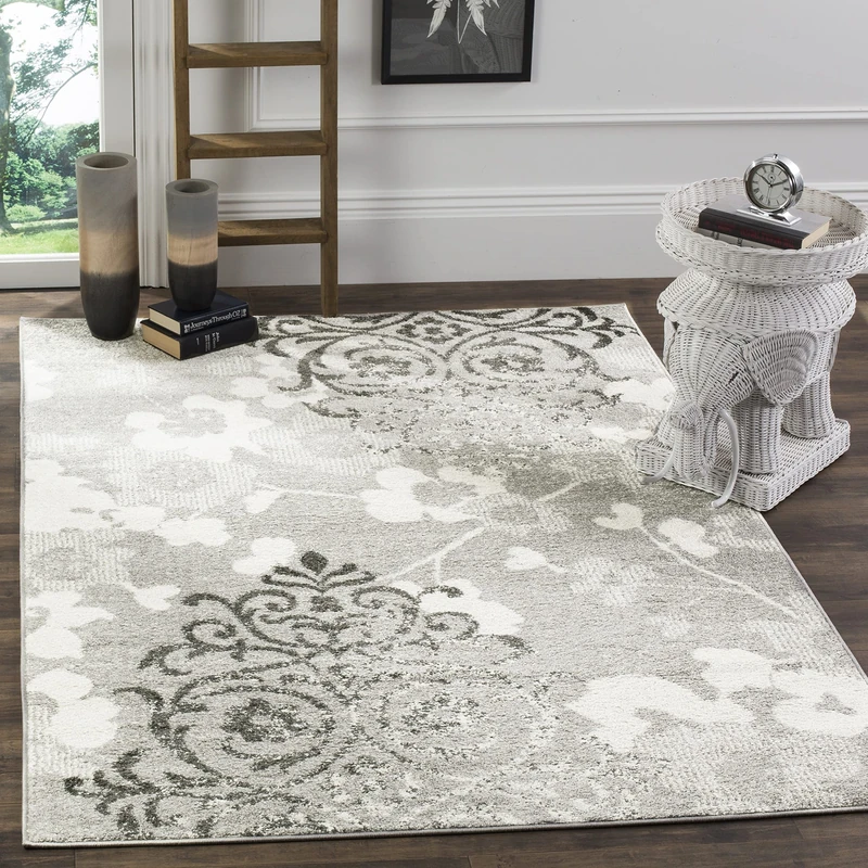 Safavieh Floral Glam Damask Indoor Woven Rectangle Area Rug, Adirondack Collection, ADR114, in Silver / Ivory, 91 X 152 cm for Living Room, Bedroom or Any Indoor Space