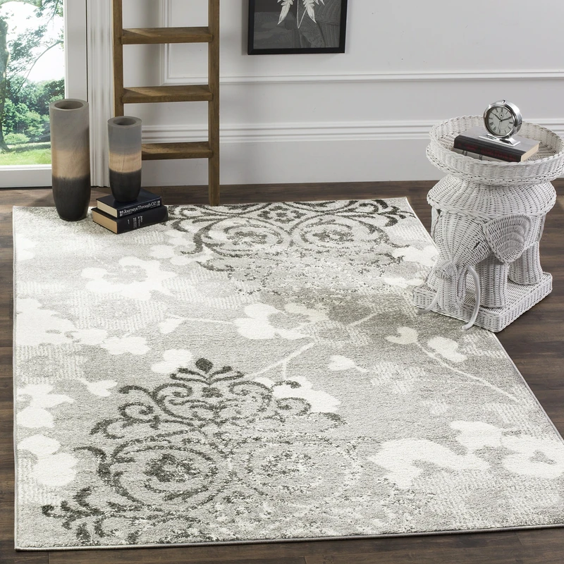 Safavieh Floral Glam Damask Indoor Woven Rectangle Area Rug, Adirondack Collection, ADR114, in Silver / Ivory, 122 X 183 cm for Living Room, Bedroom or Any Indoor Space