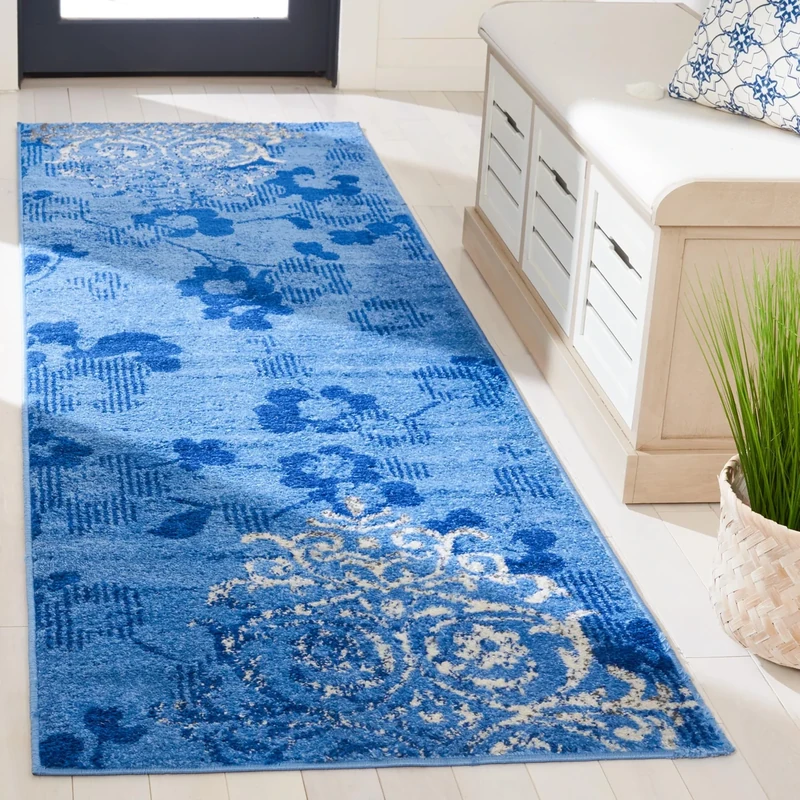 Safavieh Floral Glam Damask Indoor Woven Runner Area Rug, Adirondack Collection, ADR114, in Light Blue / Dark Blue, 76 X 244 cm for Living Room, Bedroom or Any Indoor Space