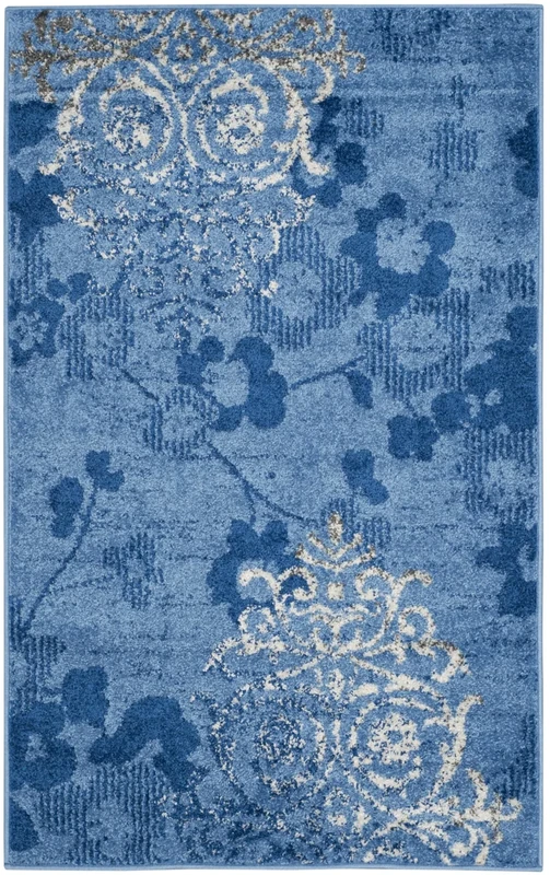SAFAVIEH Floral Glam Damask Rug for Living Room, Dining Room, Bedroom - Adirondack Collection, Short Pile, in Light Blue and Dark Blue, 91 X 152 cm