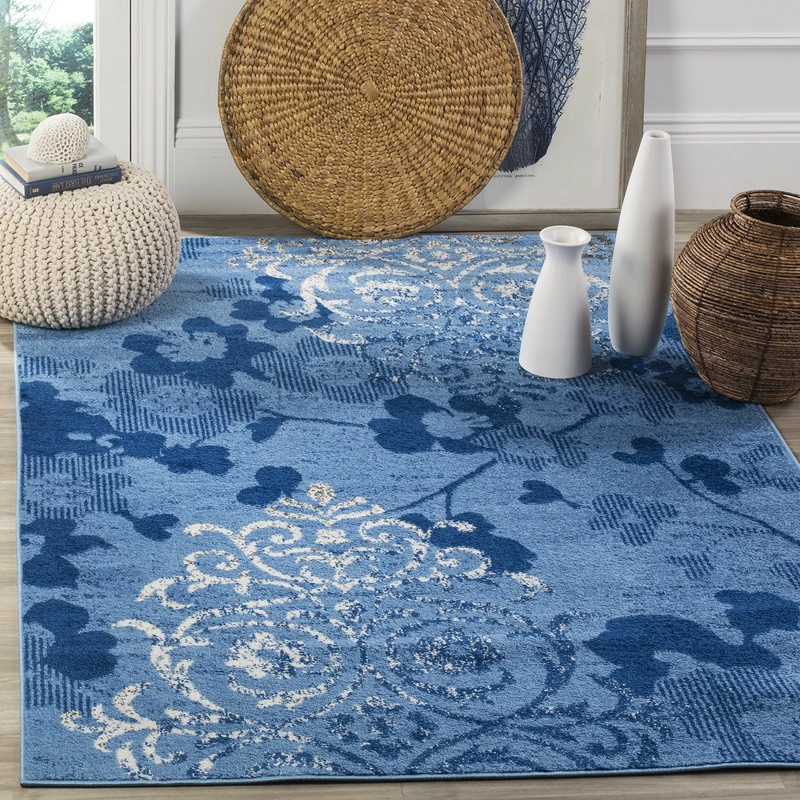 Safavieh Floral Glam Damask Indoor Woven Rectangle Area Rug, Adirondack Collection, ADR114, in Light Blue / Dark Blue, 122 X 183 cm for Living Room, Bedroom or Any Indoor Space