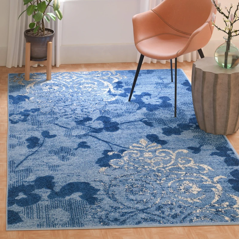 Safavieh Floral Glam Damask Indoor Woven Rectangle Area Rug, Adirondack Collection, ADR114, in Light Blue / Dark Blue, 155 X 229 cm for Living Room, Bedroom or Any Indoor Space