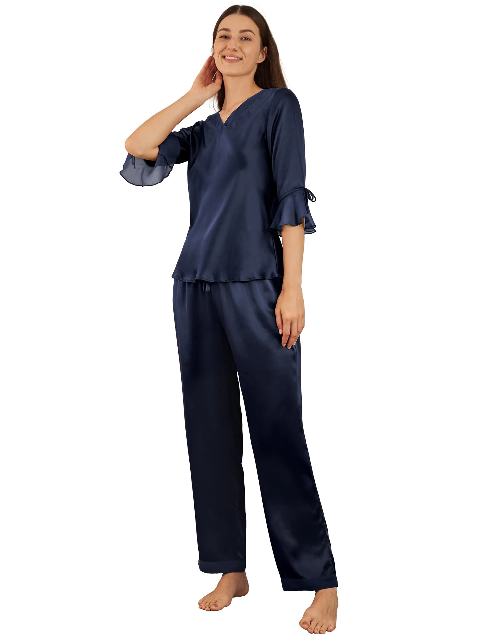 LilySilk Women's Silk Pyjamas Set Laced V Neck Long 22 Momme Pure Silk Navy Blue Size 16/L