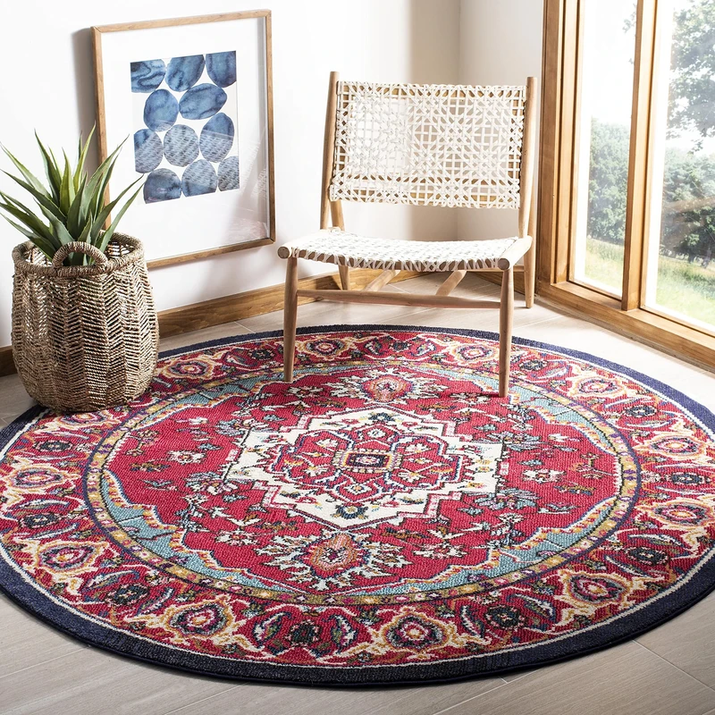 Safavieh Monaco Collection Boho Rug for Living Room, Dining Room, Bedroom Rug, Short Pile, Red and Turquoise, 200 x 200 cm