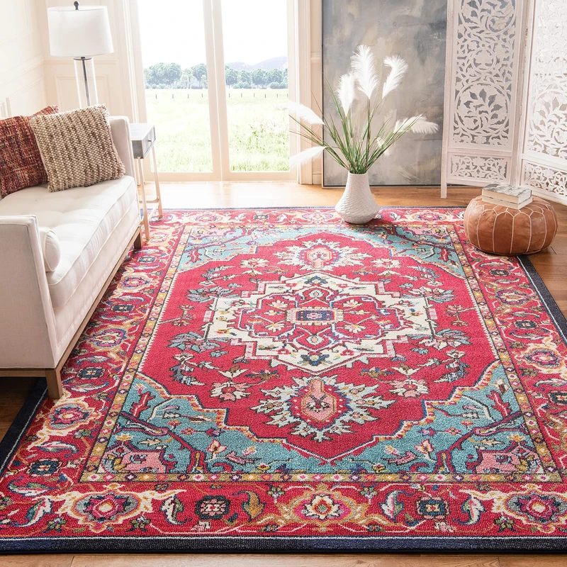 Safavieh Monaco Collection Boho Rug for Living Room, Dining Room, Bedroom Rug, Short Pile, Red and Turquoise, 200 x 200 cm