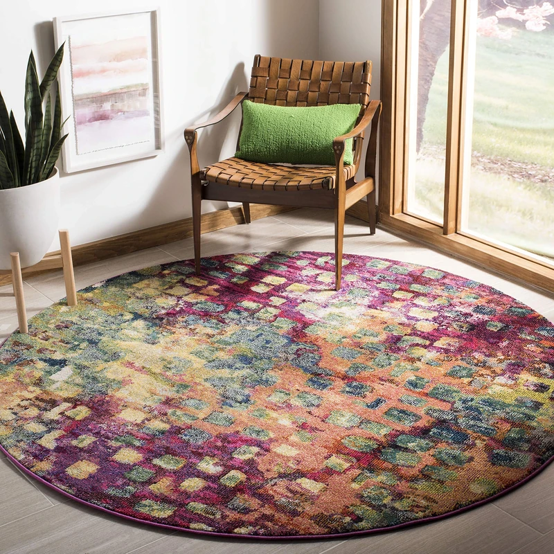 SAFAVIEH Boho Rug for Living Room, Dining Room, Bedroom - Monaco Collection, Short Pile, in Pink and Multi, 200 x 200 cm