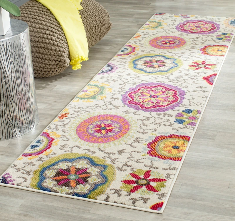 Safavieh Boho Rug for Living Room, Dining Room, Bedroom - Monaco Collection, Short Pile, in Ivory and Multi, 76 X 183 cm