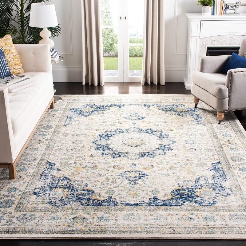 Safavieh Transitional Indoor Woven Rectangle Area Rug, Evoke Collection, EVK220, in Ivory / Blue, 91 X 152 cm for Living Room, Bedroom or Any Indoor Space