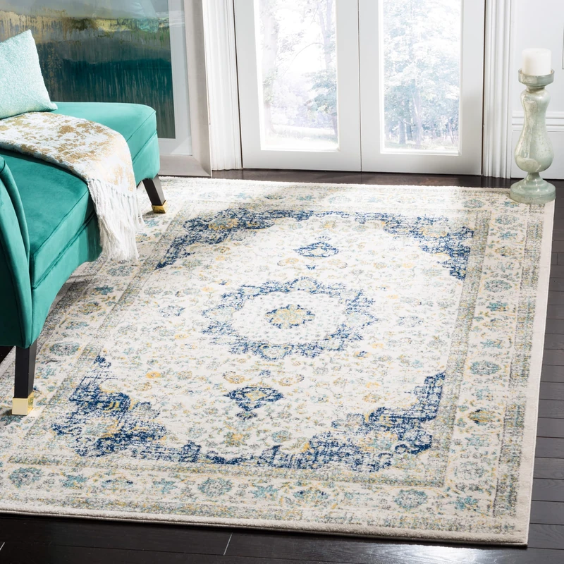 Safavieh Transitional Indoor Woven Rectangle Area Rug, Evoke Collection, EVK220, in Ivory / Blue, 122 X 183 cm for Living Room, Bedroom or Any Indoor Space