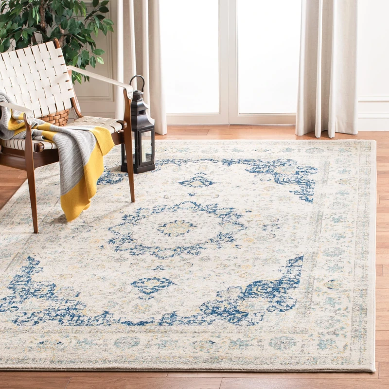 Safavieh Transitional Indoor Woven Rectangle Area Rug, Evoke Collection, EVK220, in Ivory / Blue, 201 X 274 cm for Living Room, Bedroom or Any Indoor Space