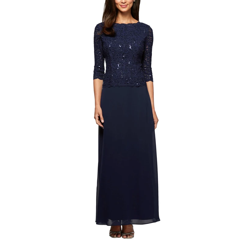 Alex Evenings Women's 3/4 Sleeve Stretch Lace Bodice Mock One Piece Gown Special Occasion Dress, Navy, 12 Petite