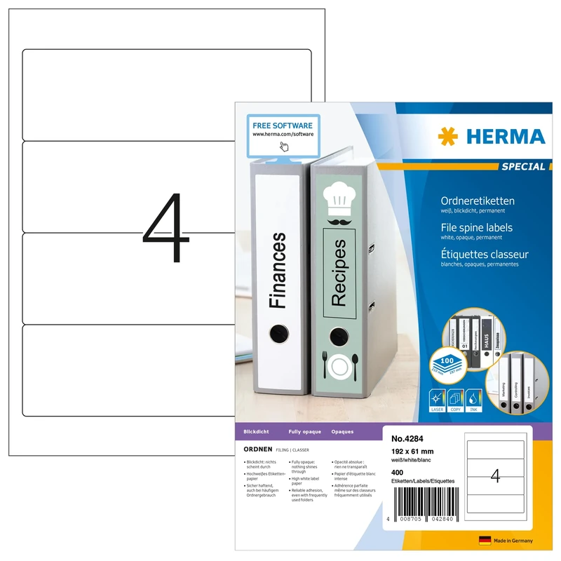 HERMA Self Adhesive Spine Labels, 4 Labels per A4 Sheet, 1400 Sheets, 192 x 61 mm, 5600 Labels, Blank Lever Arch File Folder Labels Stickers, Sticky Labels for Laser & Inkjet Printer, White