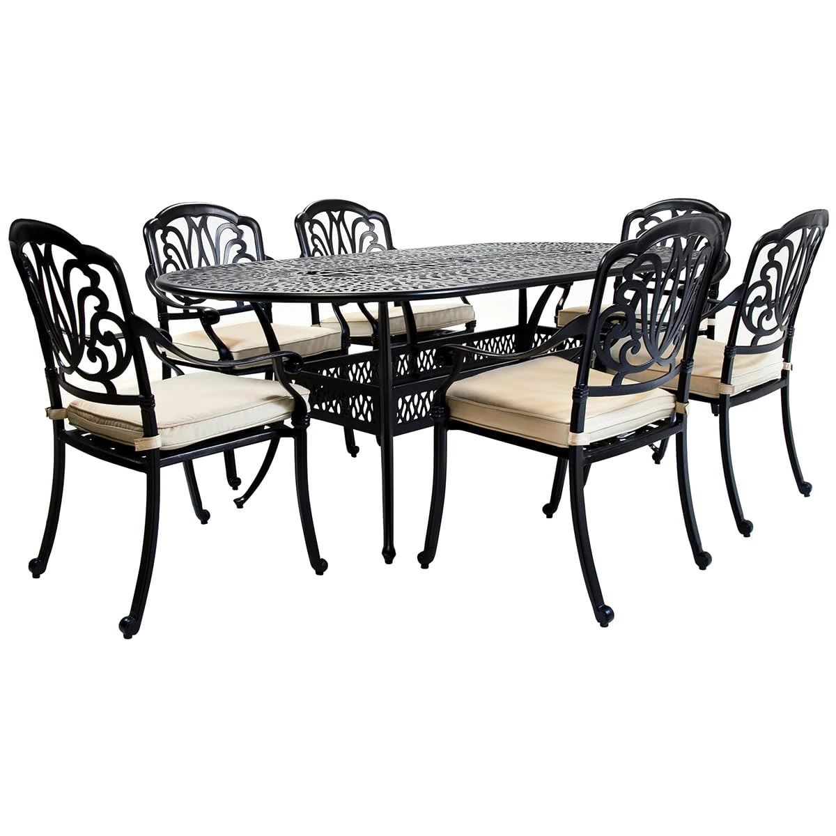 Charles Bentley Cast Aluminium Round Table And 6 Chairs Set, Black, Outdoor Table, with Six Beige Cushions, Garden, Patio, With Central Hole For Parasol, Weatherproof, Armchairs (218x106x90cm)