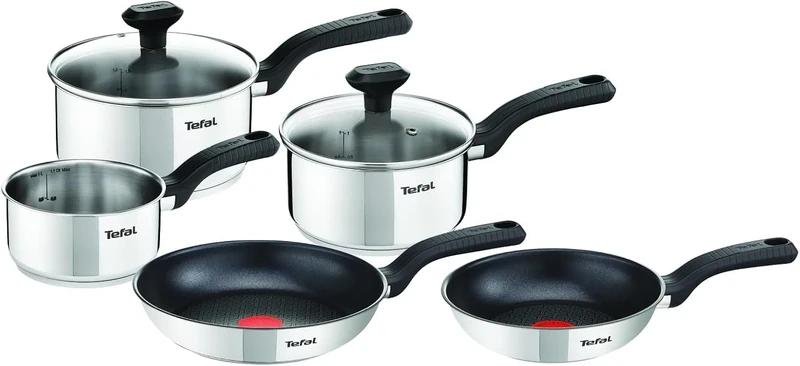 Tefal Comfort Max 5-Piece Stainless Steel Pots & Pan Set: Durable Cookware for Healthy Cooking, Induction Compatible, with Stay-Cool Ergonomic Handles. C972S544