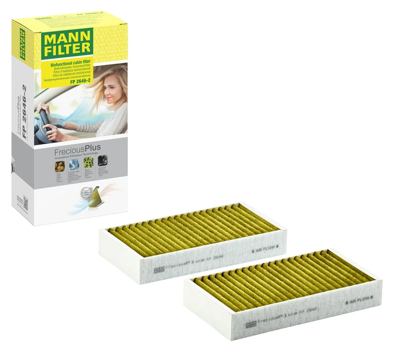 MANN-FILTER FP 2646-2 Cabin Air Filter - FreciousPlus Biofunctional Pollen Filter - (set of 2) for Cars + Transporters