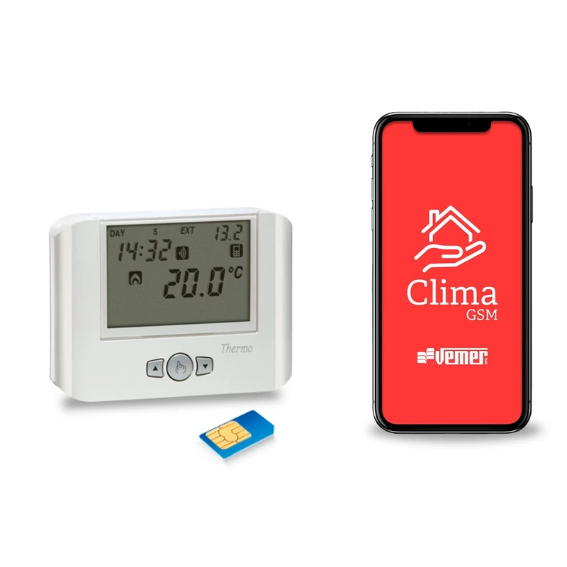 VEMER VE715900 Model Thermo GSM Bianco Weekly Thermostat with GSM Module for Remote Control by Smartphone. Wall-mounting, 230Vac. Color White