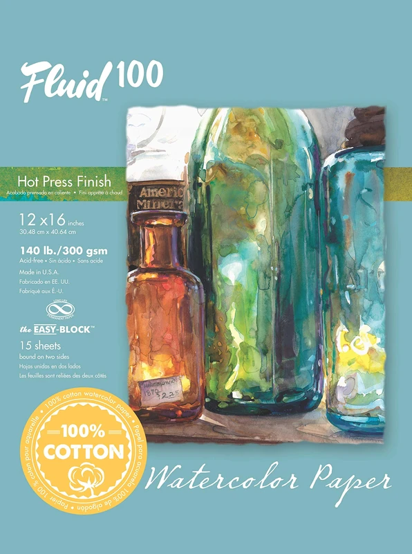 Speedball Fluid 100 Hot Press Watercolour Block 12 x 16 100% Rag Cotton Paper that is Gelatin-Sized 300gsm Sheets / 140lb