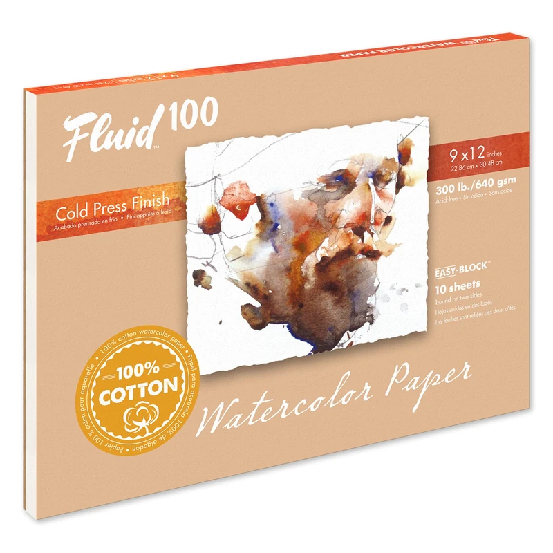 Speedball Fluid 100 300lb Cold Press Watercolour Block 9 x 12 100% Rag Cotton Paper, Gelatin-Sized 640gsm Sheets / 300lb - Image 1