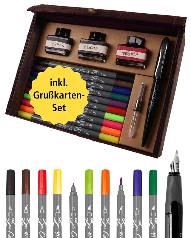 Online Calligraphy Master Set all-in-one: fountain pen with nib 1,4mm, 10 brush pens double tip with brush & nib, 3 ink bottles, converter, greeting set for hand lettering, black (81159)