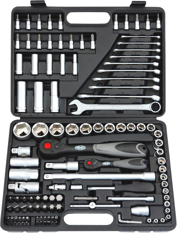 Famex 568-FX-46 Socket Spanner Set with 72-Tooth Ratchet, 12.5 mm 1/2 Inch and 6.3 mm 1/4 Inch) Drive from 4 to 32 mm / 120 Pieces - Image 1