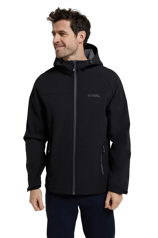 Mountain Warehouse Exodus Mens Softshell Jacket - Breathable & Water Resistant Rain Coat with Adjustable Fit & Side Pockets - For Spring Summer, Walking, Hiking & Travel Black L