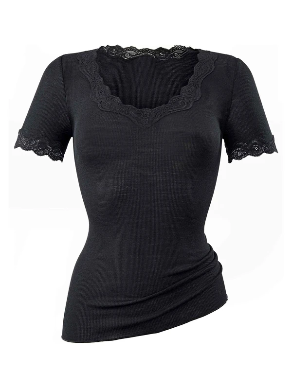 CALIDA Richesse Lace Women's T-Shirt Made of Virgin Wool and Silk with Lace on The Neck, Fine Rib in Circular Knit Without Disturbing Side Seams, Temperature Regulating