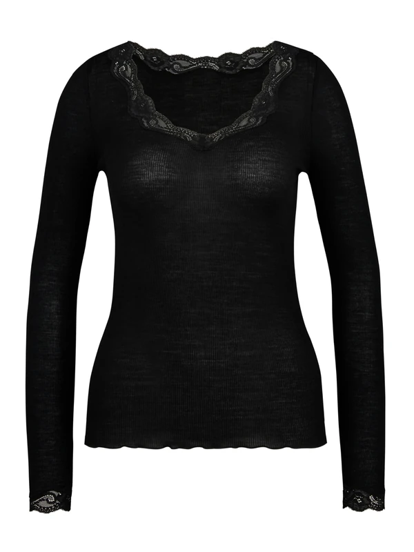 CALIDA Richesse Lace Women's Long-Sleeved Shirt, Made of Virgin Wool and Silk, Fine Rib, Temperature-Balancing and Odour-Neutralising, Ws Black, 22-24