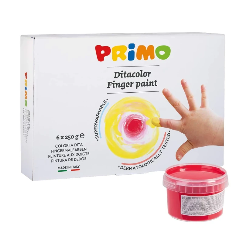 Morocolor PRIMO, Tempera for finger painting in can, 6 colors, washable tempera for children tempera colors for fingers, jars 250gr each, high pigmentation, Made in Italy