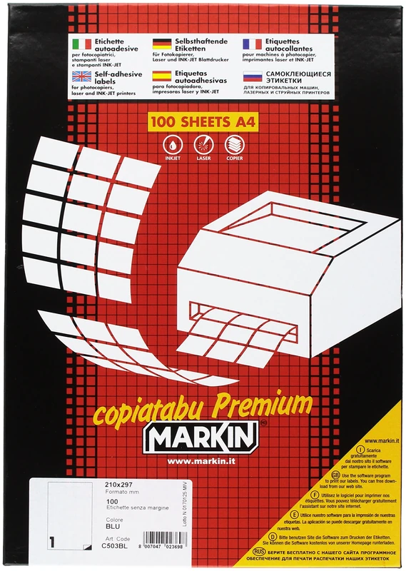 Markin 210 C503bl Self-Adhesive Label - Self-Adhesive Labels (Blue, Rectangle, A4, Cellulose, -20-100 °C, Permanent)