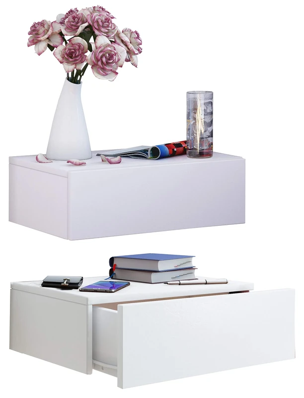 VCM 2er Wall Shelf Drawer Storage Unit Bedside Table Floating Cabinet Hall Furniture Wood Blado-2x1 White