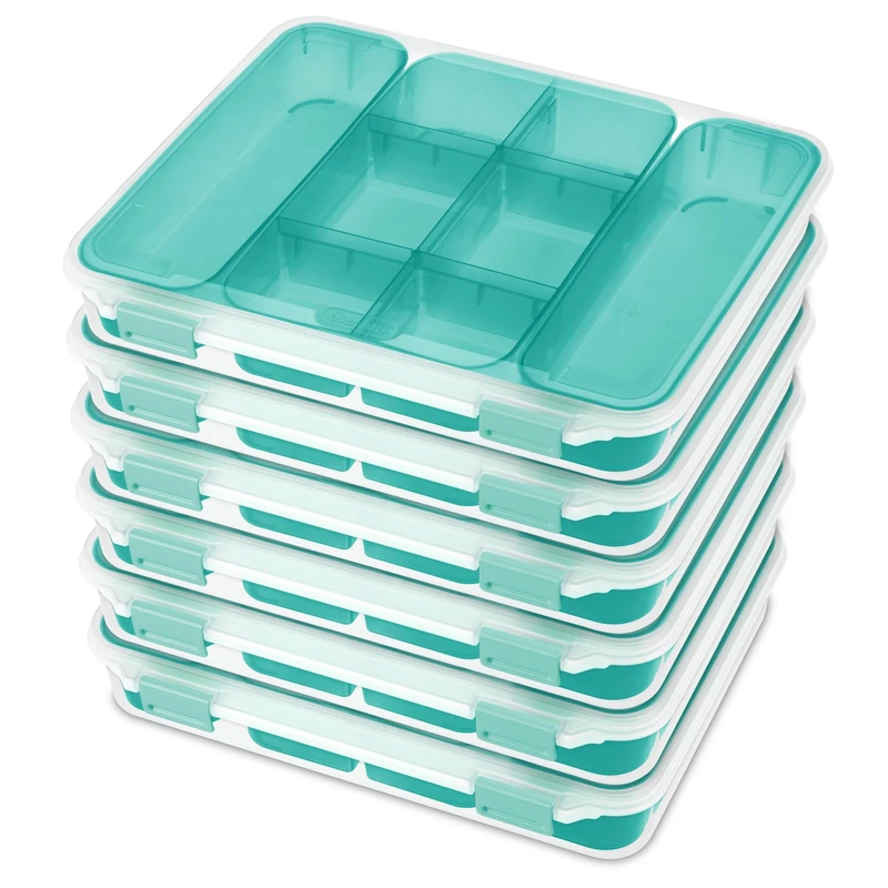 Sterilite 14028606 Divided Case, Clear Case & Blue Aquarium Latches w/Freshwater Tint Trays, 6-Pack