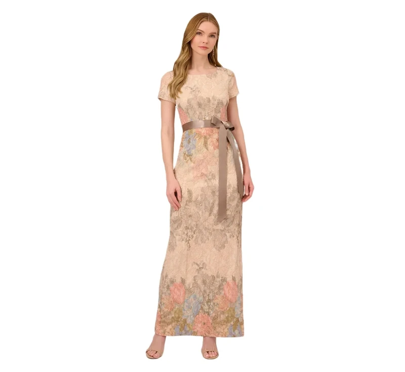 Adrianna Papell Women's Mateleasse Column Gown Mother of The Bride Dress, Blush Multi, 22