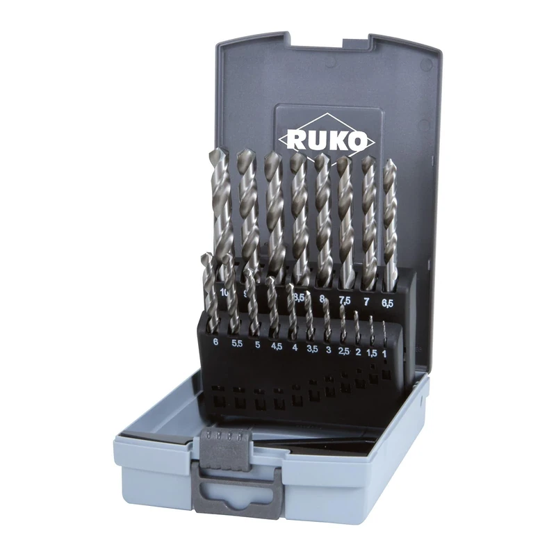 RUKO HSSE-Co 8 Twist Drill Set in Plastic Case, DIN 338, Type VA, TiAlN Finish, 19 Pieces, R281214ERO