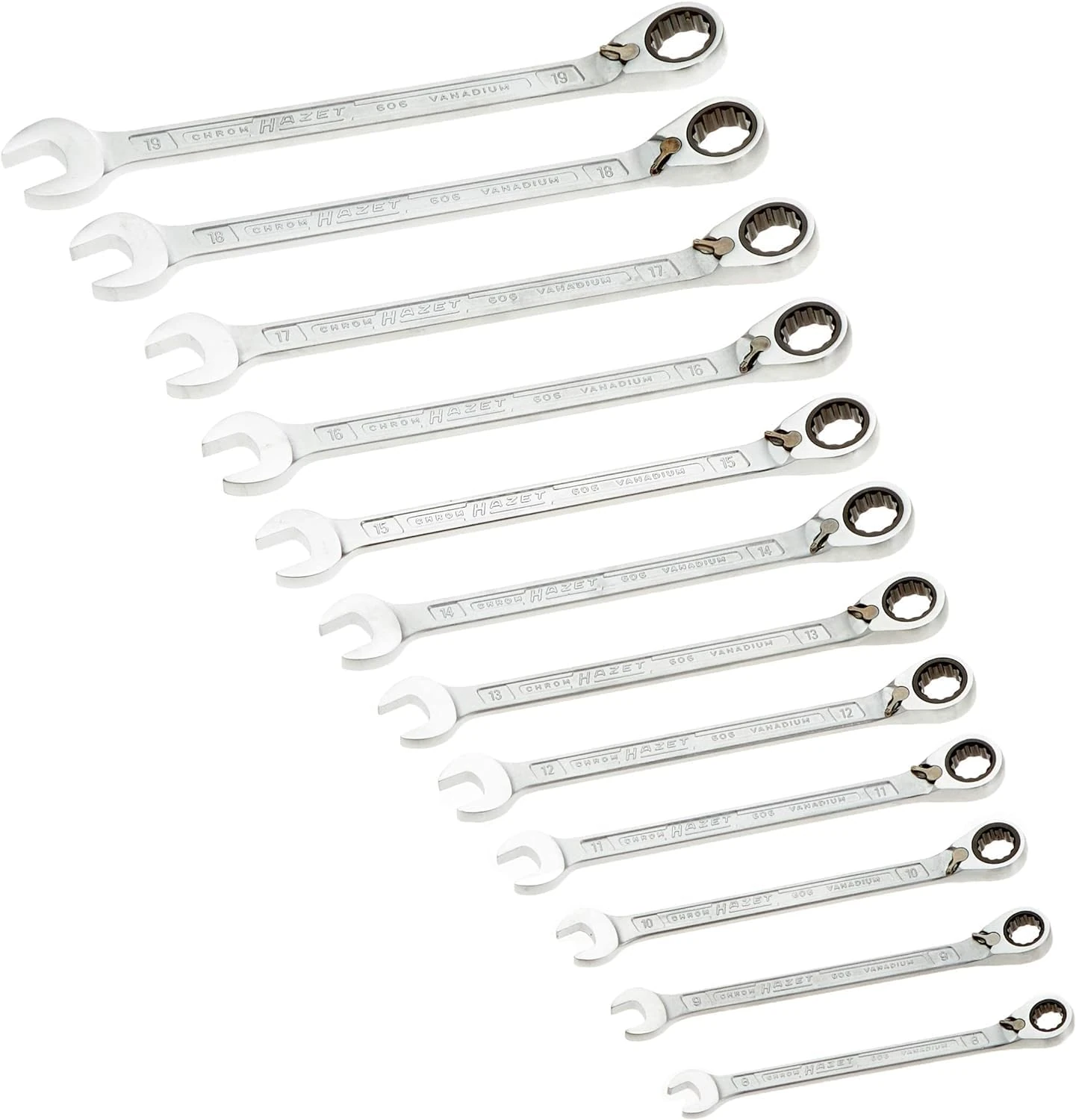 HAZET 606N/12 12-Point Profile Ratcheting Combination Wrench Set - Chrome-Plated