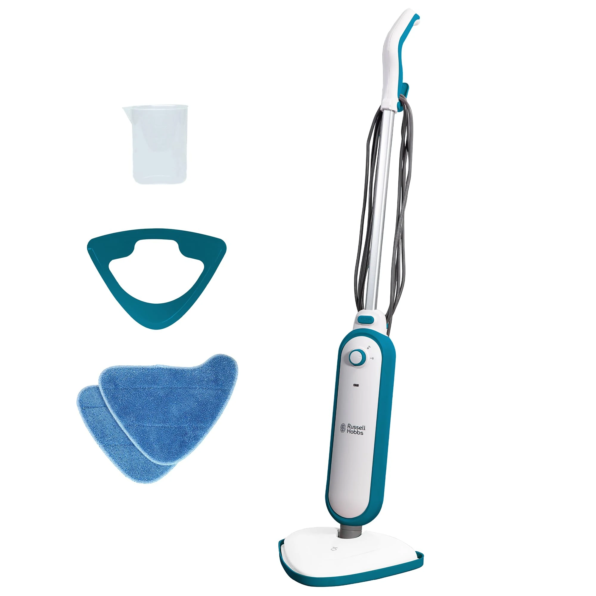 Russell Hobbs Upright Steam Mop, 1.4kW Power, 380ml Water Tank, 30-Second Heat-up, 15-Minute Run-Time, Sealed Hard Floors, Tiles, Vinyl Flooring, Carpets, Rugs in White & Aqua, RHSM1001-G