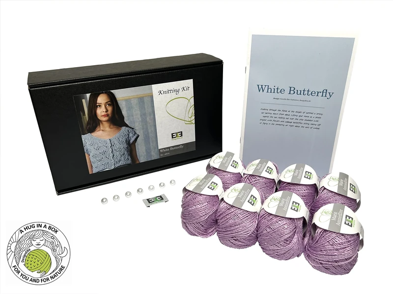DesignEtte Knitting Kit White Butterfly 100 Percent Raw Silk 2XL/3XL Pink
