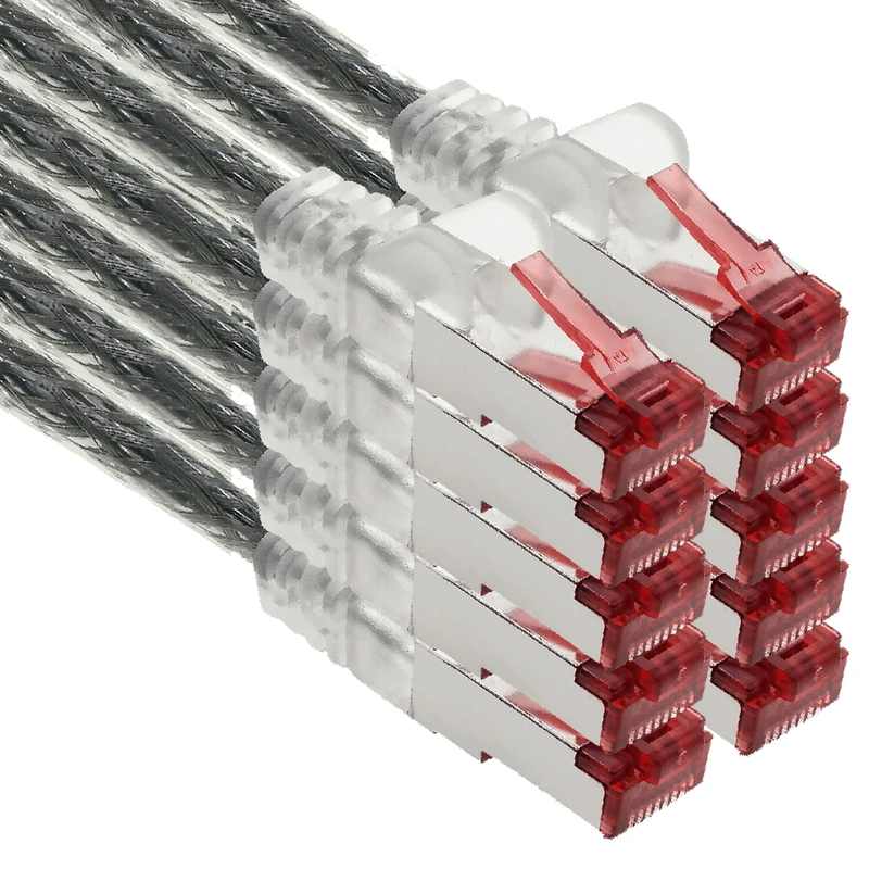 1aTTack.de - 10x 5m CAT6 patch cable S/FTP PIMF shielding CAT.6 RJ45 network cable Ethernet cable DSL LAN router switch modem patch panel - transparent - 10 pieces