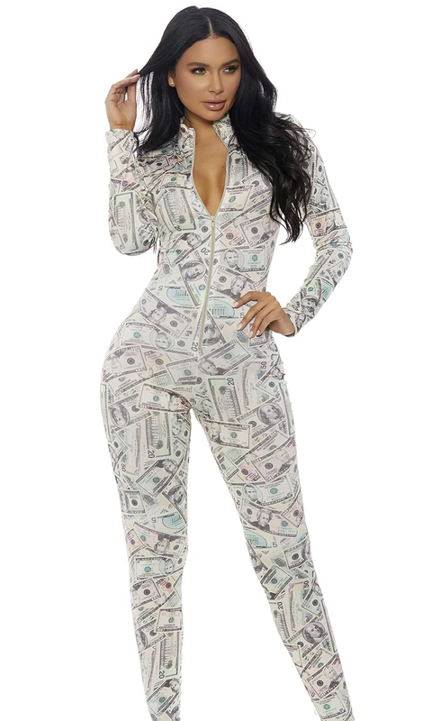 Forplay 113503 Zipfront Money Print Jumpsuit Adult Sized Costumes, Cream, M/L - Image 1