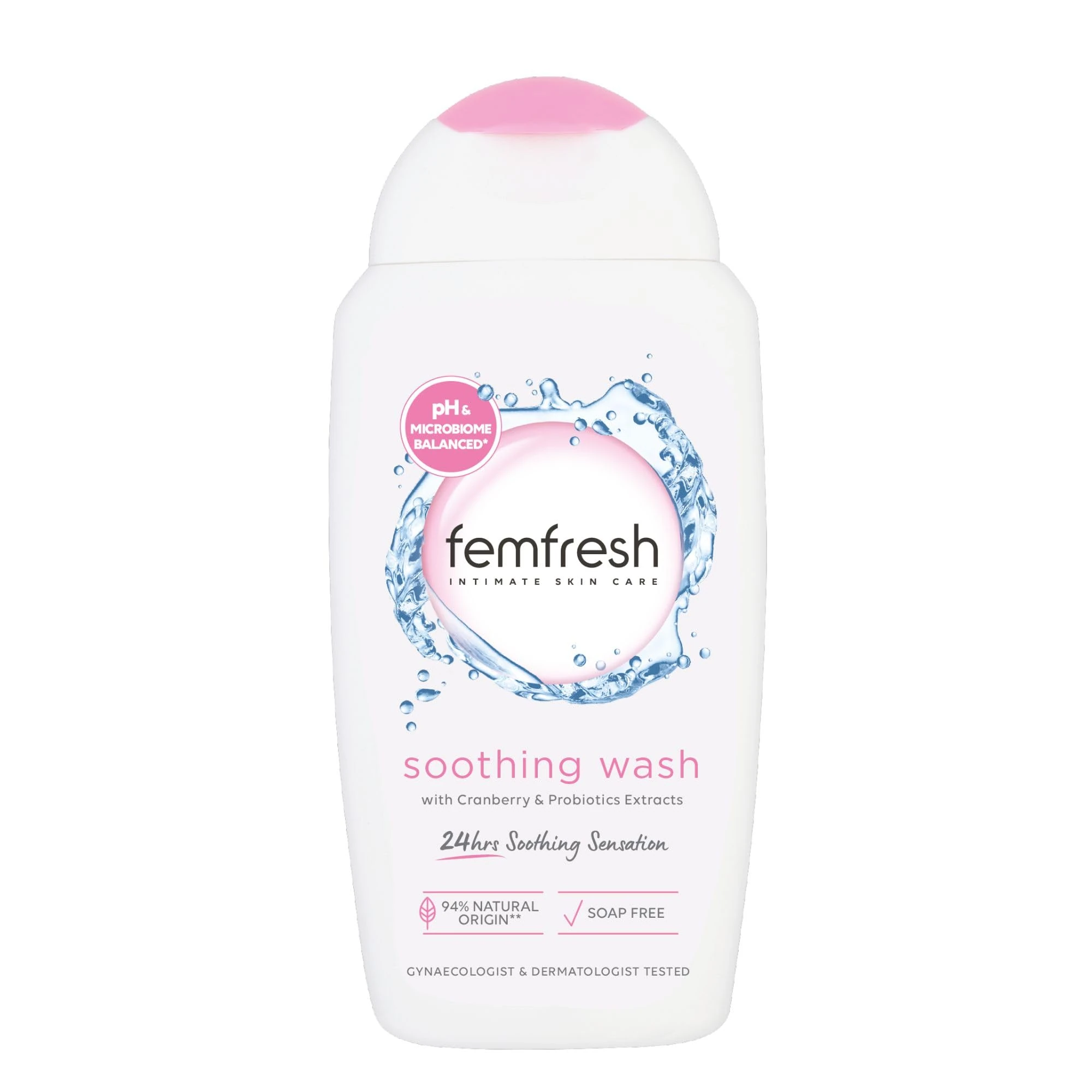 Femfresh Soothing Intimate Wash, Feminine Hygiene Shower Gel Cleanser, pH Balanced, Soap Free Feminine Wash with Cranberry, Cornflower & Probiotic Extracts, 250ml