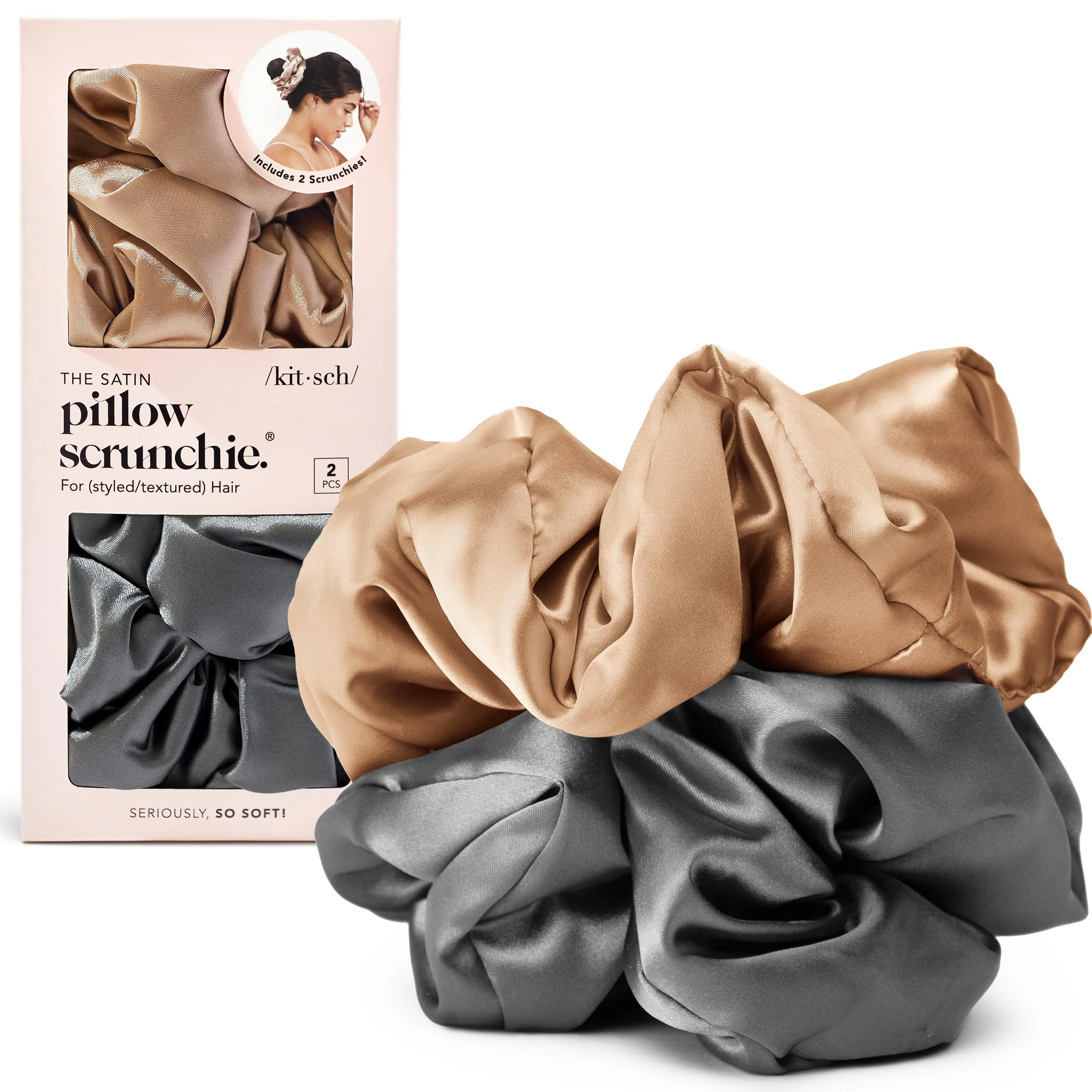 Kitsch Satin Scrunchies for Women - No Crease Hair Ties for Girls | Scrunchies For All Hair Types and Textures, Perfect for Day or Night - 2 Pcs, Charcoal and Gold