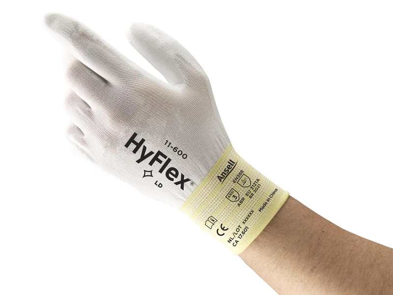 Ansell HyFlex 11-600 Thin Work Gloves, Stretch Fit Nylon Liner with Flexible PU Coating, Lightweight Safety Gloves for Precision Handling, DIY and Mechanics, White, Size 2XL (12 Pairs)