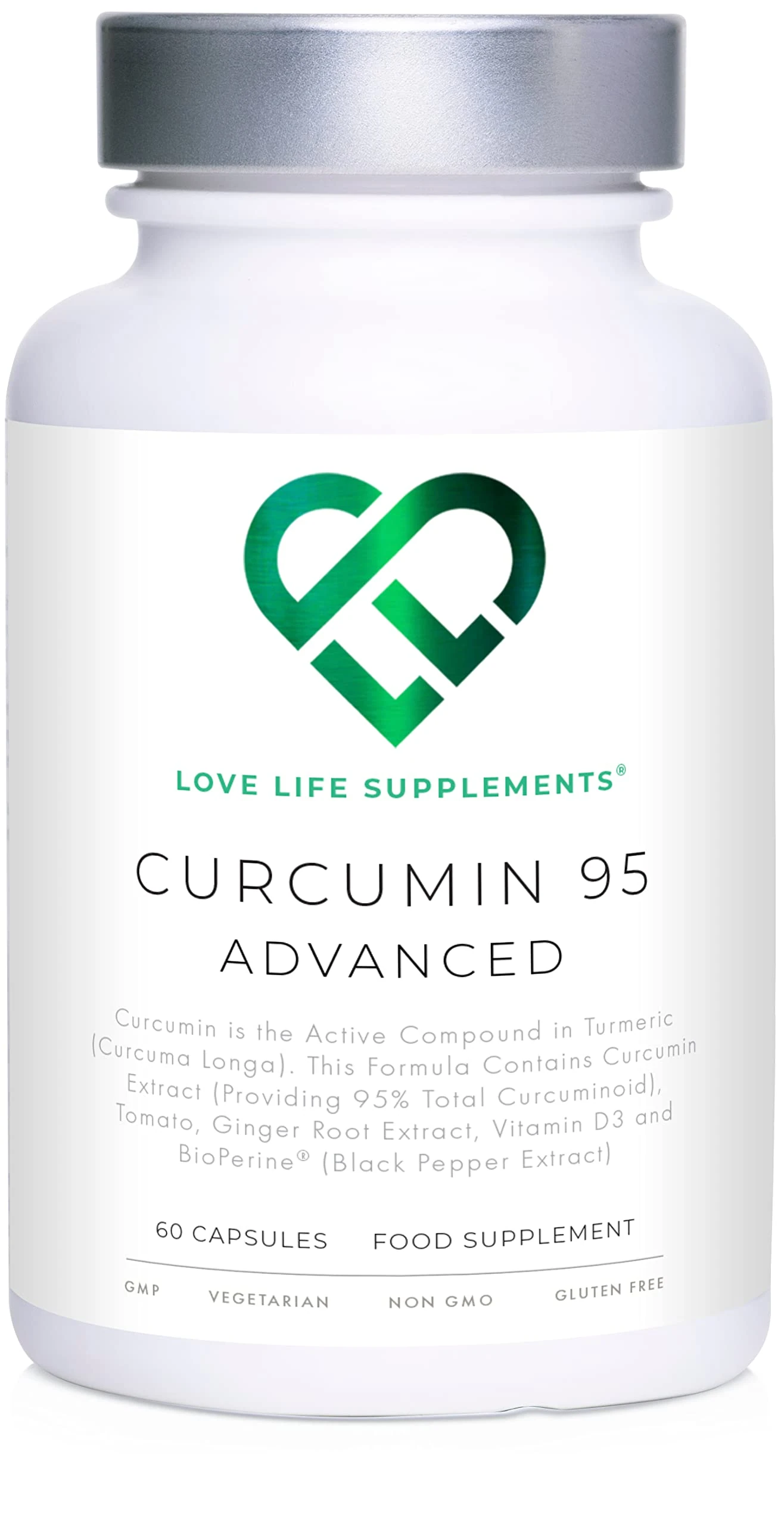 Curcumin 95 Advanced, 60 Capsules, High Strength Curcumin (The Active Component of Turmeric) with 95% Curcuminoids + BioPerine® (Black Pepper Extract), Vitamin D, Tomato and Ginger Root, GMP Approved