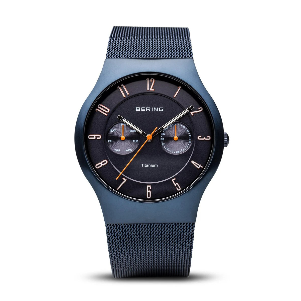 BERING Men Analog Quartz titanium collection Watch with stainless steel Strap and Sapphire Crystal 11939-393, Blue/Blue, 39