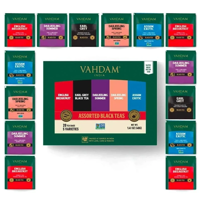 VAHDAM, Assorted Black Tea Bags Sampler (5 Flavors, 20 Ecofriendly Pyramid Tea bags) I Valentines Day Gifts for Him & Her | Assam and Darjeeling Teas | Gluten Free & Non GMO