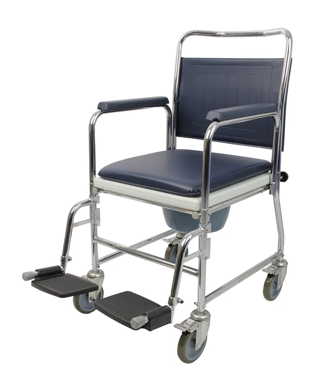 Homecraft Chrome Plated Steel Wheeled Commode Chair, Portable Toilet Chair with Detachable Pieces, Elderly, Disabled and Handicapped User Bathroom Aid